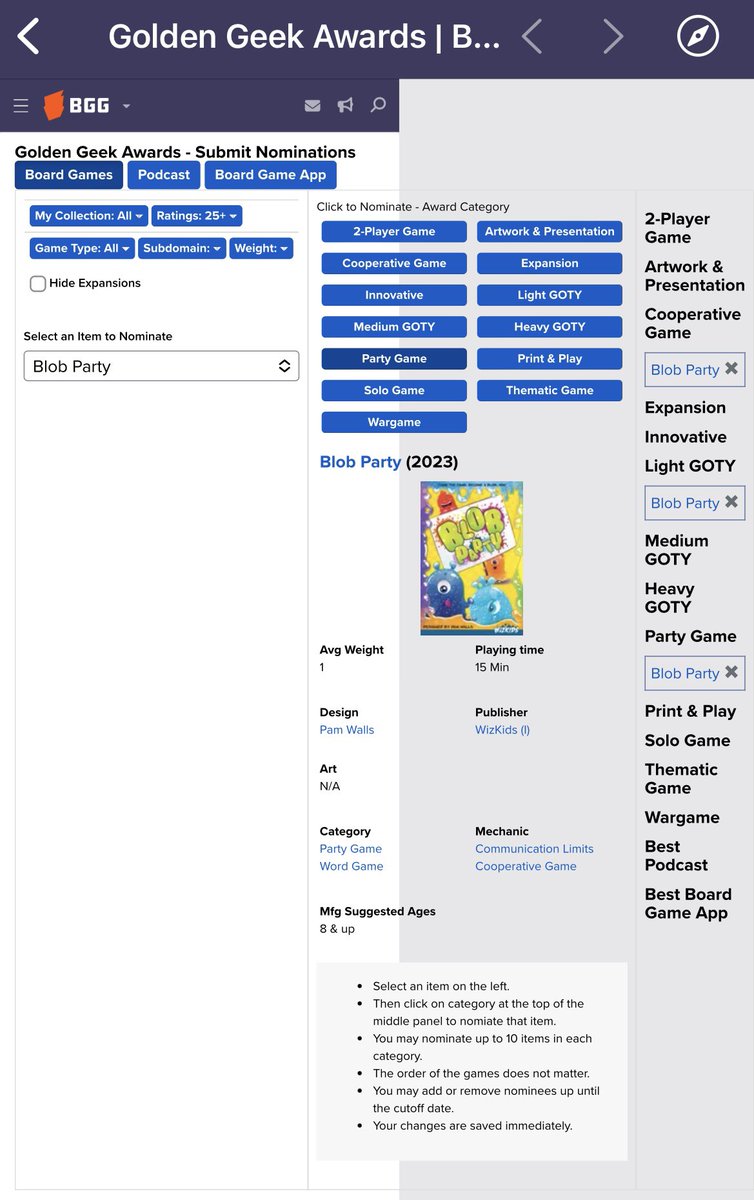 PamWGameDesign's tweet image. If you played my game Blob Party (and liked it!) please consider nominating it for a Golden Geek award (I’d suggest the Party, Cooperative and Light categories): boardgamegeek.com/geekawards/boa…