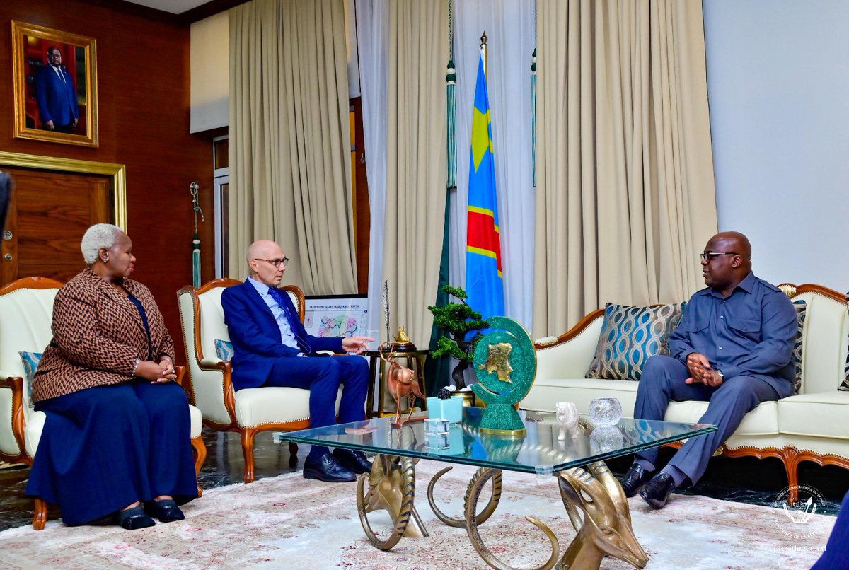 #RDC 18.04.2024|#Kinshasa Ce jeudi à la Cité de l’Union africaine, le Président Félix Tshisekedi a eu un entretien avec le Haut commissaire de l’@ONU_fr aux droits de l’homme @volker_turk qui vient d’achever une mission de 4 jours en #RDC. #Presidence