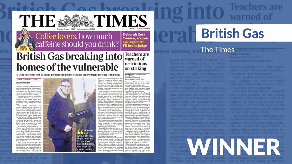 Congratulations to The #PressAwards Investigation of the Year category winner British Gas / @thetimes