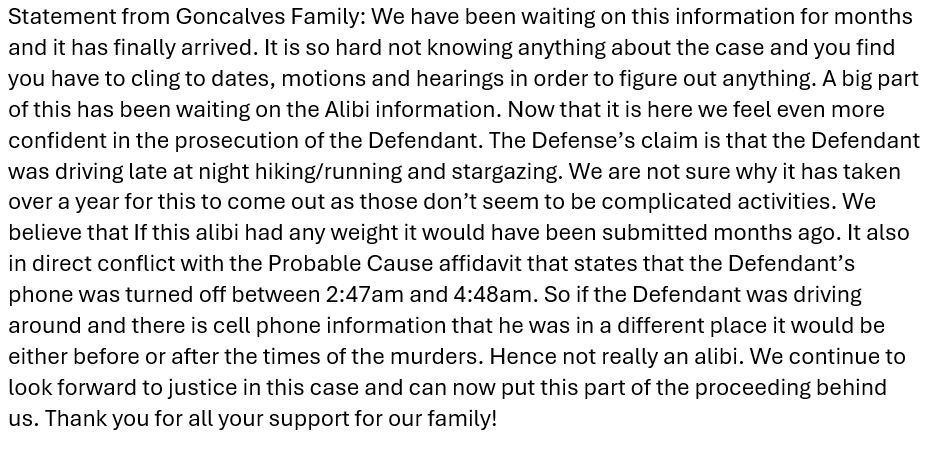 Kaylee Goncalves' family released this statement reacting to Bryan Kohberger's alibi -- saying it's 'not really an alibi.'