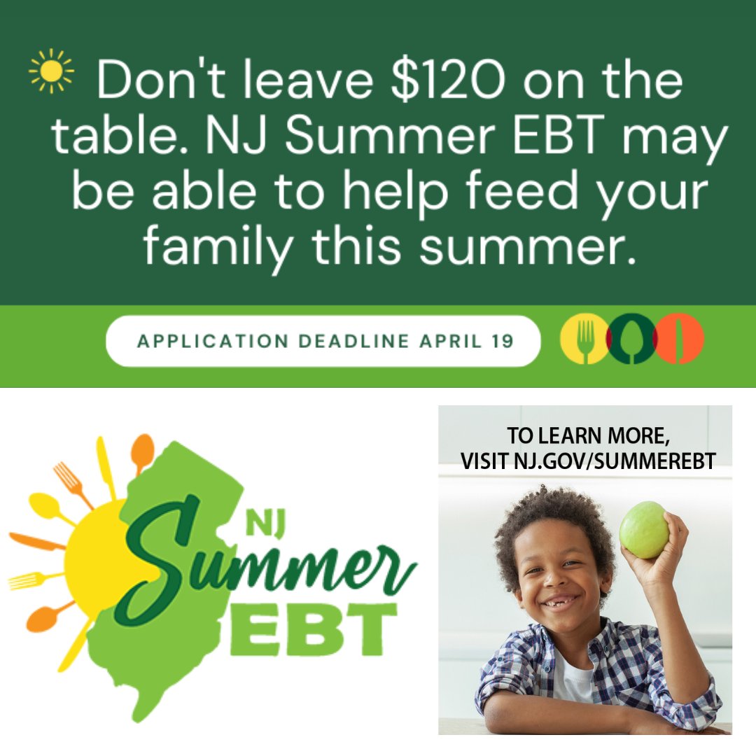 𝗗𝗘𝗔𝗗𝗟𝗜𝗡𝗘 𝗔𝗟𝗘𝗥𝗧! Contact your child’s school to apply for NJ Summer EBT benefits. If your child is enrolled in free lunch, ensure your mailing address is correct. If you’re not enrolled, contact your child’s school to enroll. Don’t miss out on this valuable benefit!