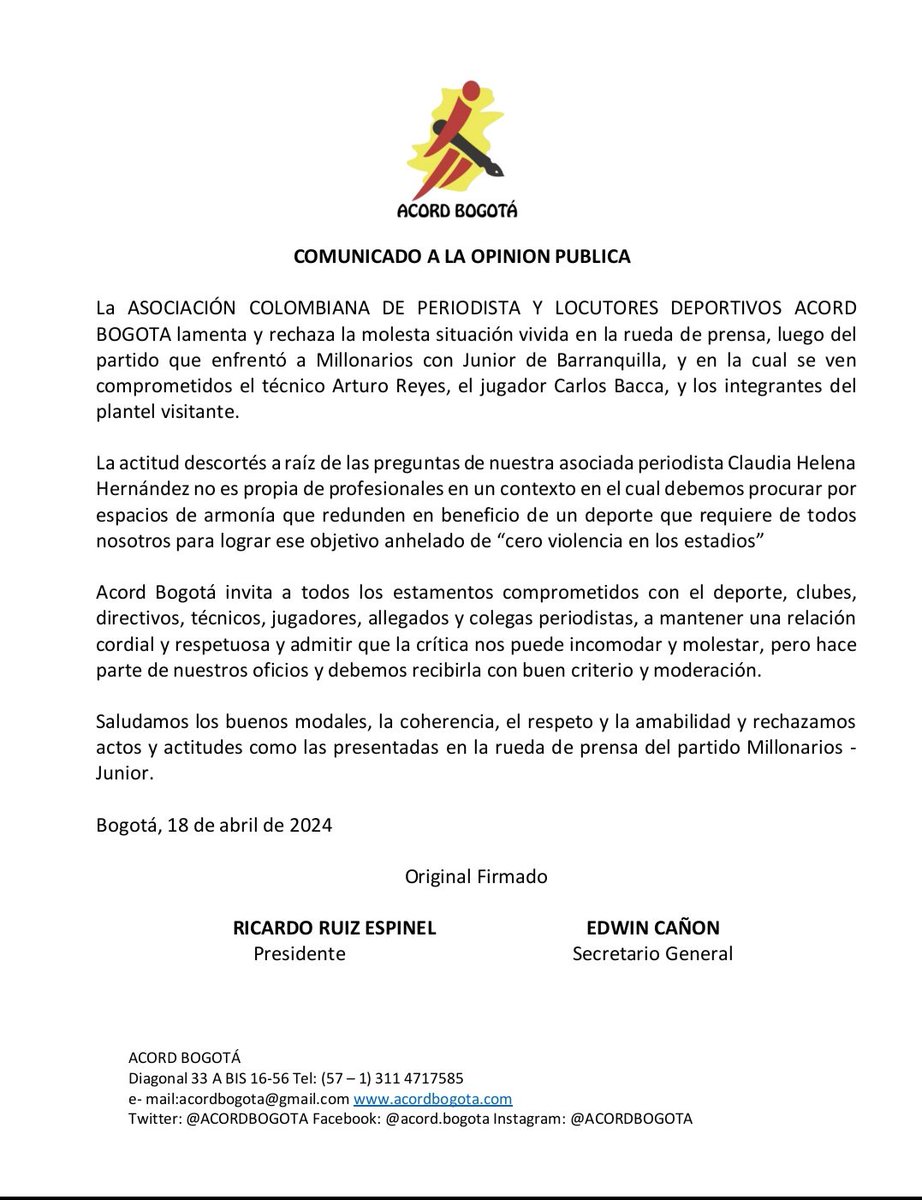La @ACORDBOGOTA se pronuncia contra lo que pasó anoche en la rueda de prensa de Junior en Bogotá cuestionando la actitud del DT y los jugadores con la periodista Claudia Helena Hernández.