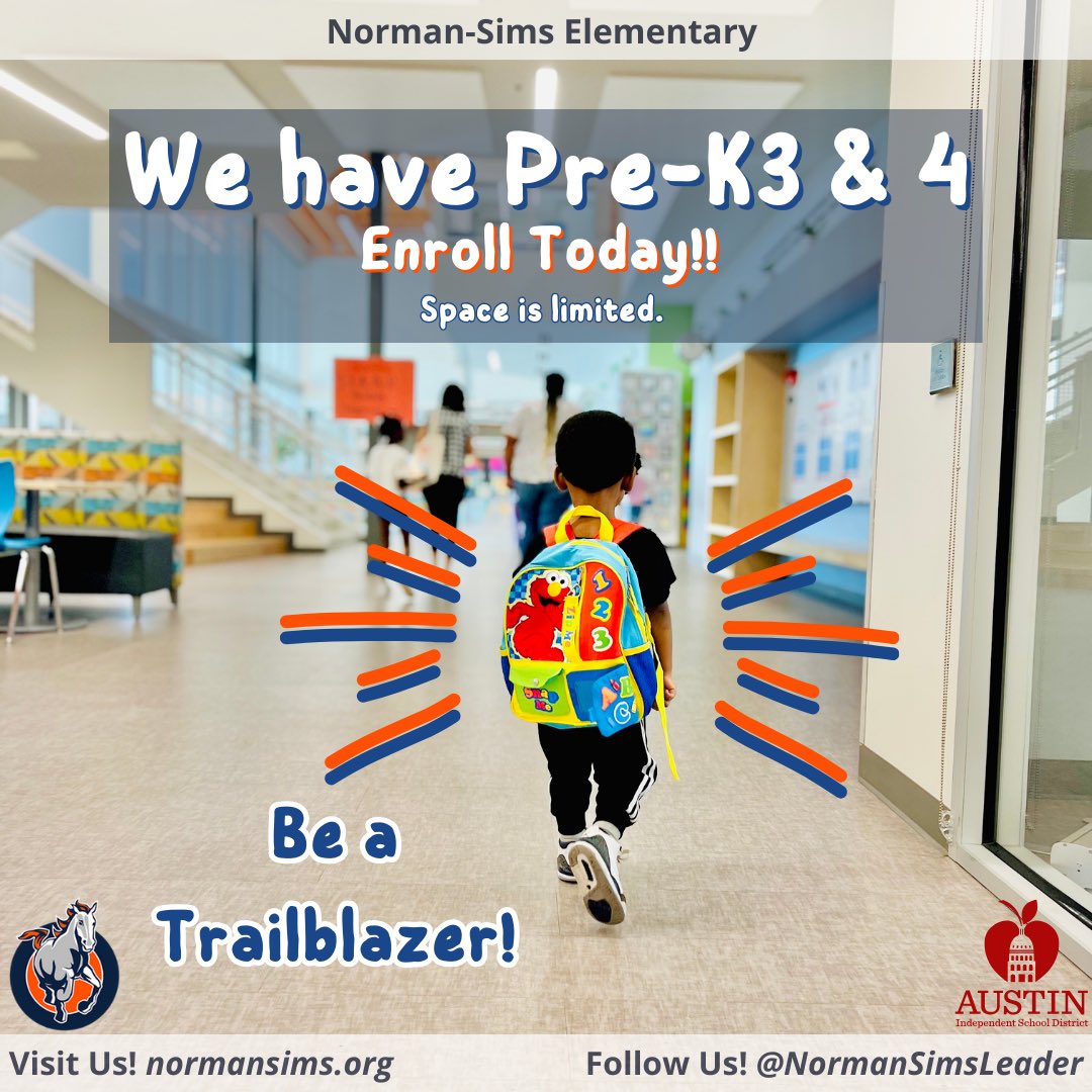 🚀 Jumpstart learning with our Pre-K3 and Pre-K4 programs! Be a Trailblazer & join us on the journey of exploration & growth! 🐎🔥 Enroll now! 📚 #AISDProud #KidsDeserveIt