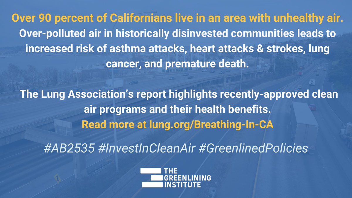 Over-polluted air in historically disinvested communities leads to increased risk of asthma attacks, heart attacks & strokes, lung cancer, and premature death. @AsmLoriDWilson #InvestInCleanAir now and enact #AB2535! #GreenlinedPolicies