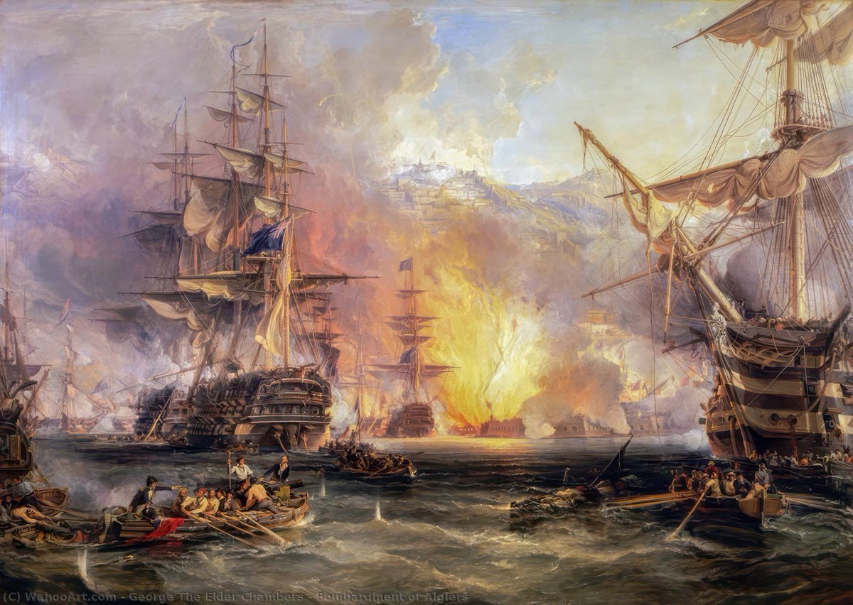 en 1784 une coalition Espagnol🇪🇸 Portugaise🇵🇹 Maltaise 🇲🇹Napolitaine et Sicilienne🇮🇹 attaque Alger🇩🇿

les Algériens ayant placé une ligne de barge d’artillerie empêchent les chrétiens d’approcher   

l'attaque échoua et les Espagnols durent payer 1 million de pesos au Dey d'Alger