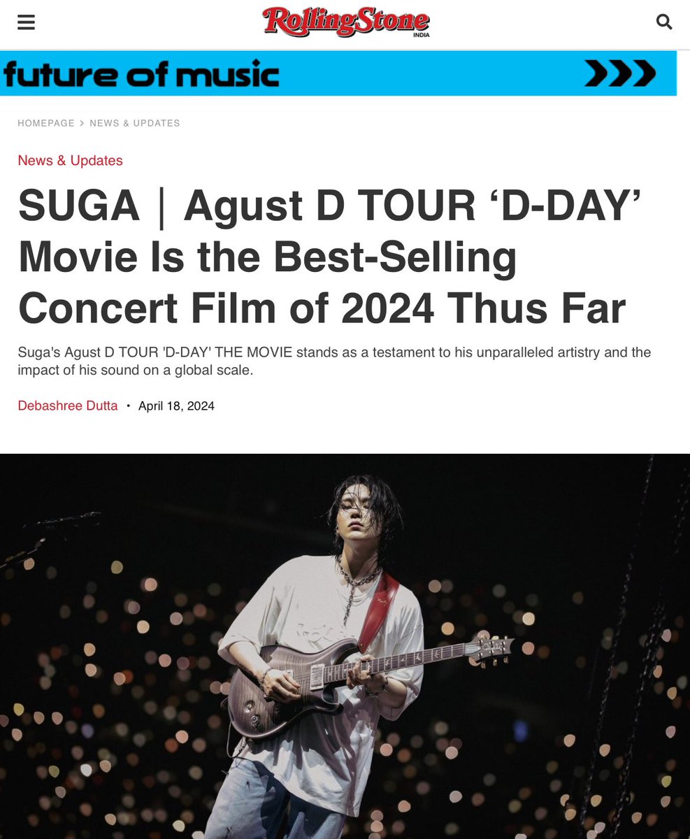 [#SugaHQ_Articles] Rolling Stone India on  #D_DAY_THE_MOVIE 

“The movie has not only enthralled viewers domestically but also achieved massive success internationally, becoming the most lucrative K-pop concert film in the United States and beyond in 2024. The staggering success