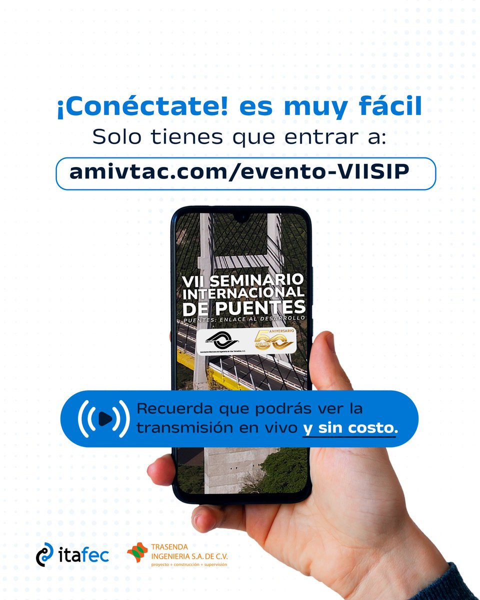 itafec_mx's tweet photo. 🌉 ¿Quieres unirte al Seminario #viisip ? ¡Es fácil! Solo entra a   https://t.co/FrXgprCrBw y accede a la transmisión en vivo sin costo. ¡No te lo pierdas! 💻 
.
#IngenieríaVial #Puentes #AMIVTAC #Networking https://t.co/pY4rbGeAx6