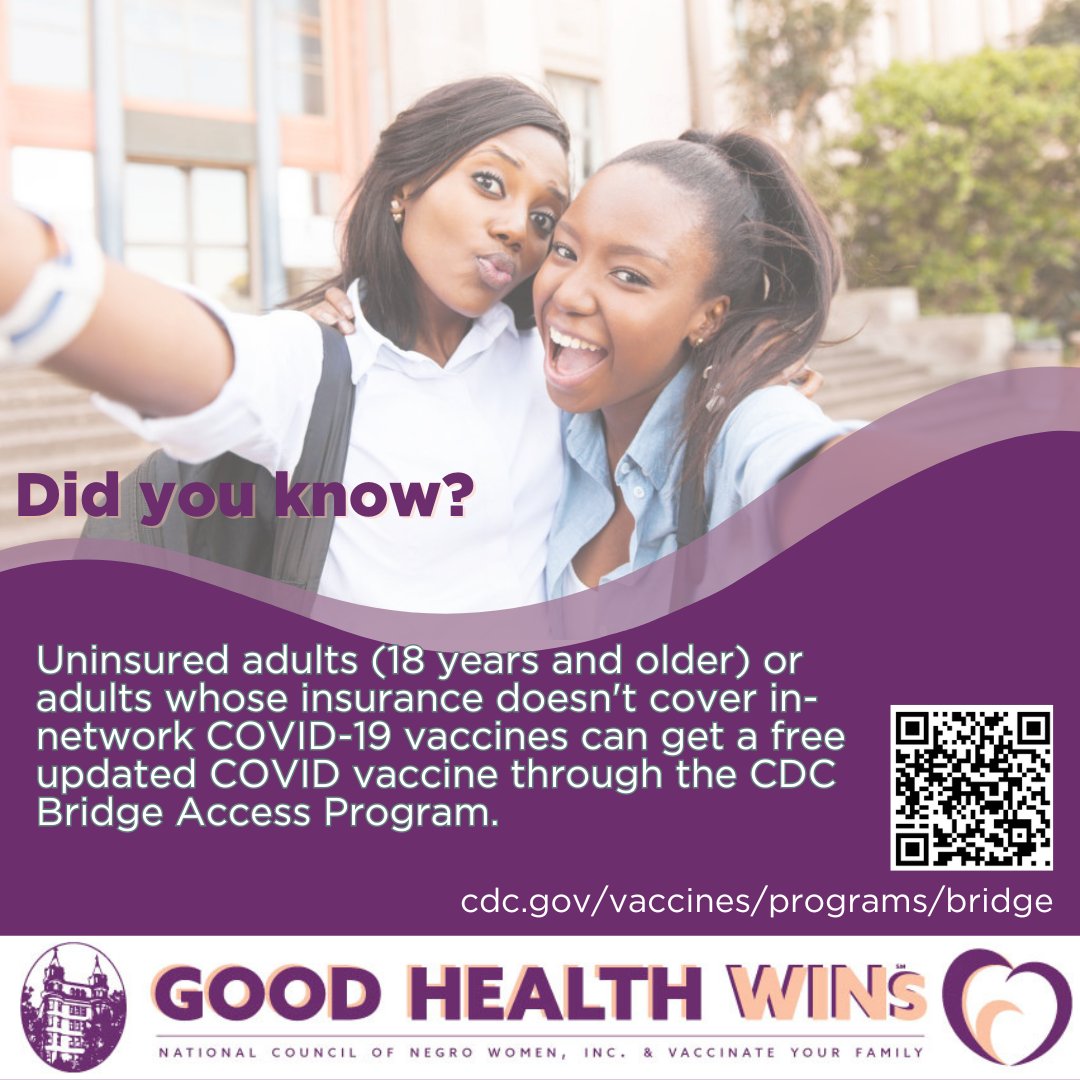 Vaxyourfam's tweet photo. Uninsured adults 18 years or older, or adults with an insurance plan that does not cover COVID vaccines are eligible for the CDC Bridge Access Program.
Protect yourself with COVID-19 vaccines at no cost to you! More info https://t.co/XXZa0jpYe3
@goodhealthwins
#GoodHealthWins https://t.co/yZIpXLMDTG