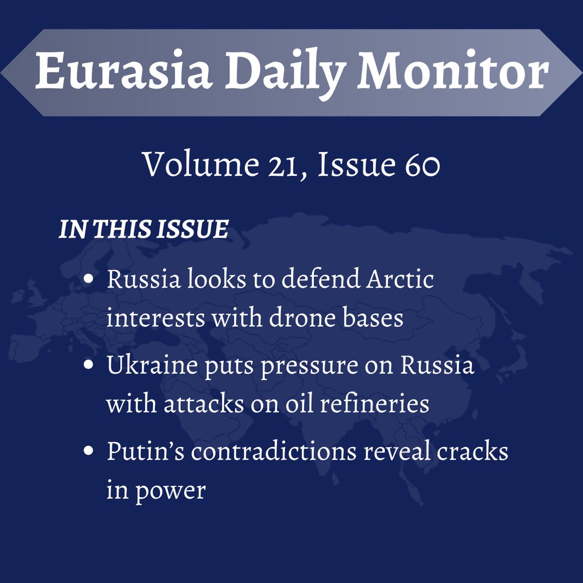 Eurasia Daily Monitor @EDMJamestown Volume 21, Issue 60 Thursday, April 18, 2024 Featuring articles from: Paul Goble (@PaulGoble1) Taras Kuzio (@TarasKuzio) Vadim Shtepa (@rutopist) Read whole issue here: mailchi.mp/jamestown/eura…