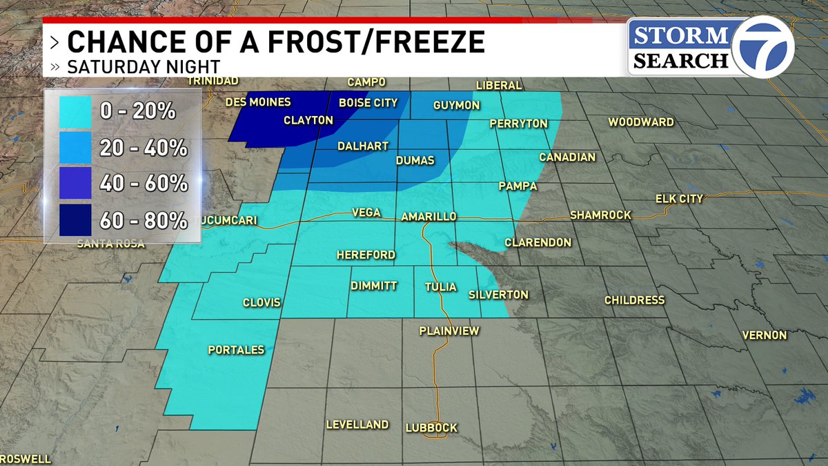 High resolution models are starting to hint at the possibility of a light freeze or frost event Saturday night. The chance is pretty low in Amarillo for a frost but not zero. Locations like Clayton will likely see a light freeze. #txwx #okwx #nmwx @StormSearch7 @ABC7Amarillo