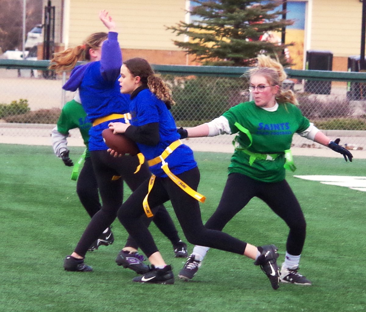 #TBT goes back to Rush Female High School Flag Football league action April 24, 2023 at SMF Field. The conditions were cooler, and the players were all in long sleeve shirts and other warm clothing. SMF Field is snow covered right now but should be back in action soon. #Yxe.