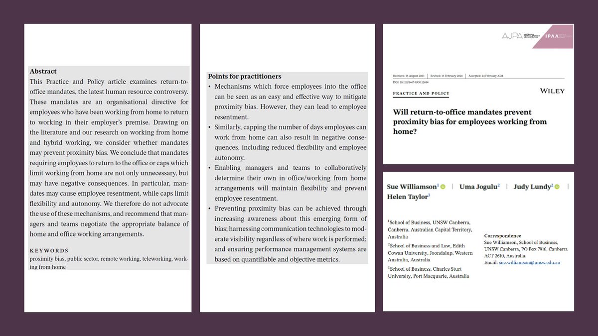 📣🆕Early View❗️ Do #ReturntoOffice mandates prevent or mitigate proximity bias❓ @SWilliamsonUNSW, @UJogulu, Judy Lundy & @helentaylo argue that mandates may cause employee #resentment, while caps limit #flexibility and #autonomy👇 onlinelibrary.wiley.com/doi/full/10.11…