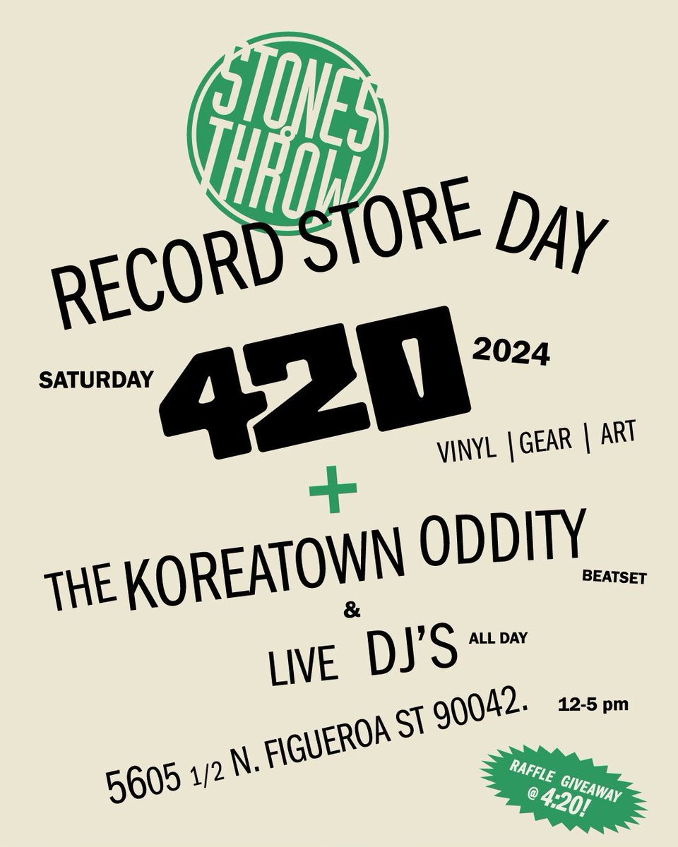 Come join us for Record Store Day. 04.20.24. Beatset by @KoreatownOddity. Live DJs all day. Vinyl, gear, art & more. #StonesThrow 5605 1/2 N. Figueroa St. Los Angeles, CA 90042 12:00 - 5:00pm PT