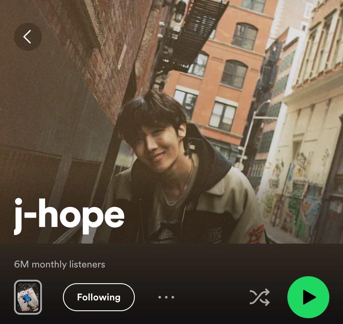 j-hope has surpassed 6M Monthly Listeners on Spotify once again 🔗 open.spotify.com/artist/0b1sIQu… #jhope #제이홉 #방탄소년단제이홉