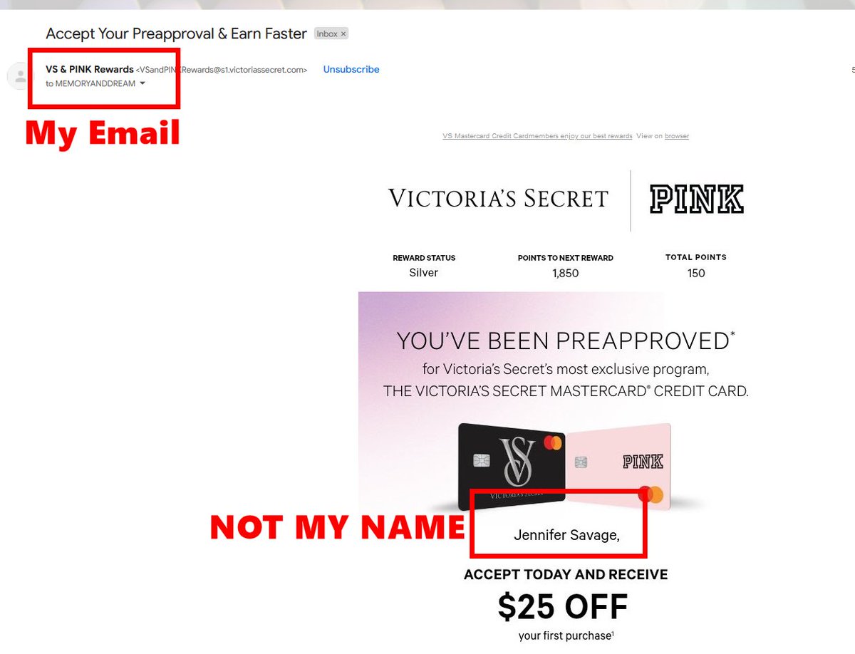 memoryanddream's tweet photo. Hey @VictoriasSecret You're violating people's privacy. I got a pre-approval credit card email to MY email but in someone else's name and when I clicked it, I got their full address too. Might want to do something about that. 

#privacybreach #databreach https://t.co/BsJQa6vezh