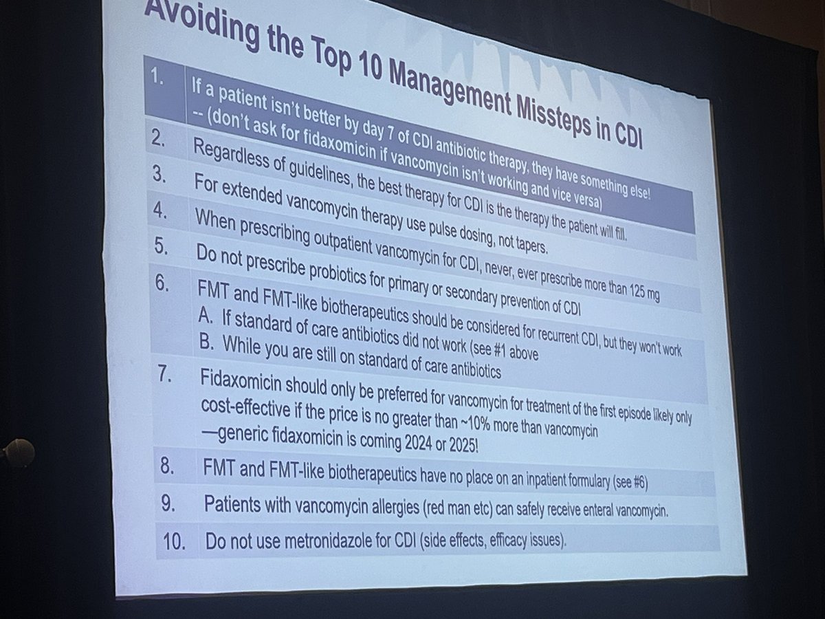 Really great list of top points for treating (and not mistreating CDI) by Scott Curry @SHEA_Epi