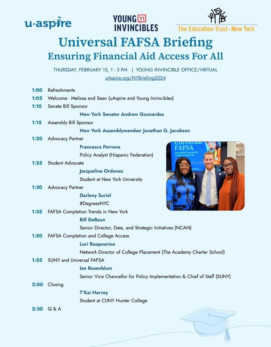 Thank you to our bill sponsors @Sen_Gounardes & @JacobsonNY104 for their tireless work, & coalition partners @EdTrustNY, @uAspire, @SUNY, @HispanicFed, & @DegreesNYC for their partnership & advocacy!

@GovKathyHochul @CarlHeastie @AndreaSCousins
Our students want #UniversalFAFSA!
