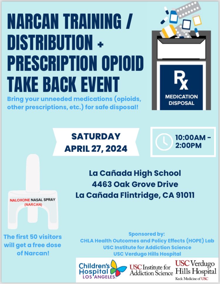 Lorraine Kelley-Quon, MD, MSHS, FACS, FAAP (@lkelley_quon) on Twitter photo If you want to change the world, start local! <a href="/HOPE_sci_lab/">HOPE Lab</a> will be hosting a DEA-sponsored Narcan Training + #DrugTakeBackDay Sat Apr 27. Thanks to <a href="/IASatUSC/">Institute for Addiction Science at USC</a>, <a href="/KECKSchool_USC/">Keck School of Medicine of USC</a> Verdugo Hills Hospital & <a href="/michigan_open/">OPEN</a>! #SafeMedicationDisposal <a href="/lapublichealth/">LA Public Health</a> <a href="/ChildrensLA/">Children's Hospital LA</a> <a href="/CMAdocs/">California Medical Association</a> If you want to change the world, start local! <a href="/HOPE_sci_lab/">HOPE Lab</a> will be hosting a DEA-sponsored Narcan Training + #DrugTakeBackDay Sat Apr 27. Thanks to <a href="/IASatUSC/">Institute for Addiction Science at USC</a>, <a href="/KECKSchool_USC/">Keck School of Medicine of USC</a> Verdugo Hills Hospital & <a href="/michigan_open/">OPEN</a>! #SafeMedicationDisposal <a href="/lapublichealth/">LA Public Health</a> <a href="/ChildrensLA/">Children's Hospital LA</a> <a href="/CMAdocs/">California Medical Association</a>