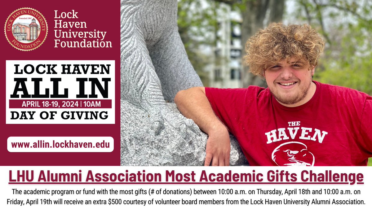 Time for an academics Challenge! Make a gift to your favorite major now at allin.lockhaven.edu and the program with the most gifts at 10:00 a.m. tomorrow will win $500 from the LHU Alumni Association. Give now! #LHUAlumni #GiveToLHU #LHUALLIN #BaldEaglesForLife #HavenProud