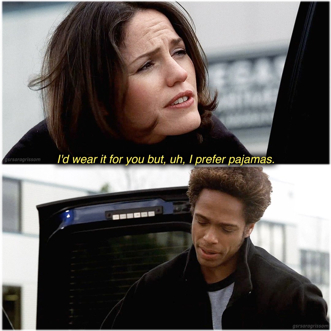 “I’d wear it for you but, uh, I prefer pajamas…”

#csi #csilasvegas #sarasidle #jorjafox #garydourdan #warrickbrown #csivegas