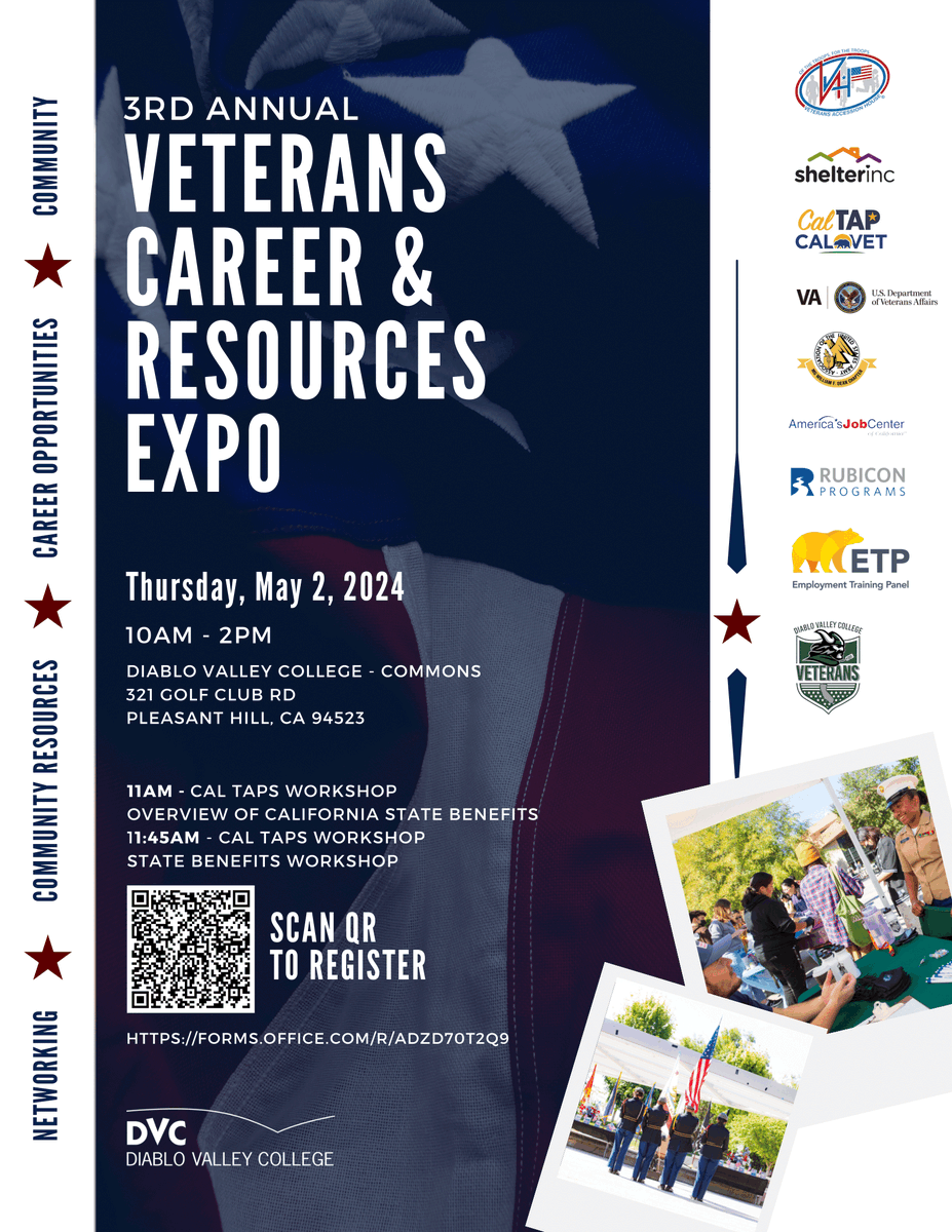 JobsForVets's tweet photo. Just a friendly reminder! 🎉 Only two weeks left until our 3rd Annual Veterans Career and Resource Expo at Diablo Valley College on Thursday, May 2nd. Don't miss out on this fantastic opportunity! RSVP here: https://t.co/K79hNcPDAA https://t.co/rggrHkaf4V