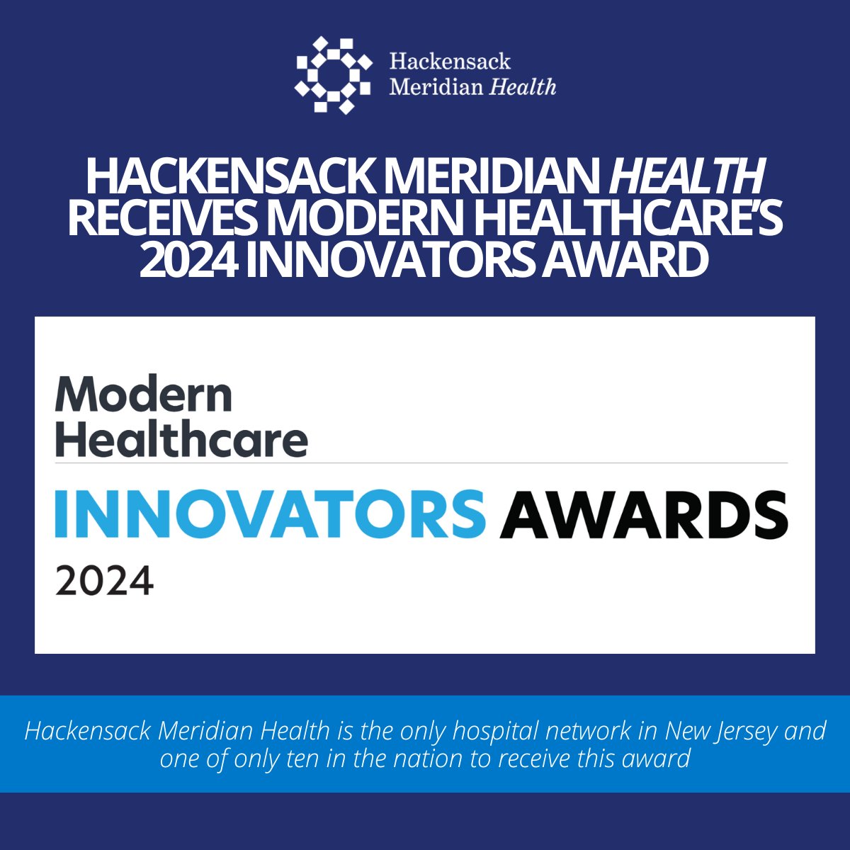 Thank you to @modrnhealthcr, who have made us the only health system in New Jersey and one of 10 in the nation to receive the 2024 Innovators Award. This recognizes our Center for Discovery and Innovation, our Research Institute and our amazing team. modernhealthcare.com/education-even…