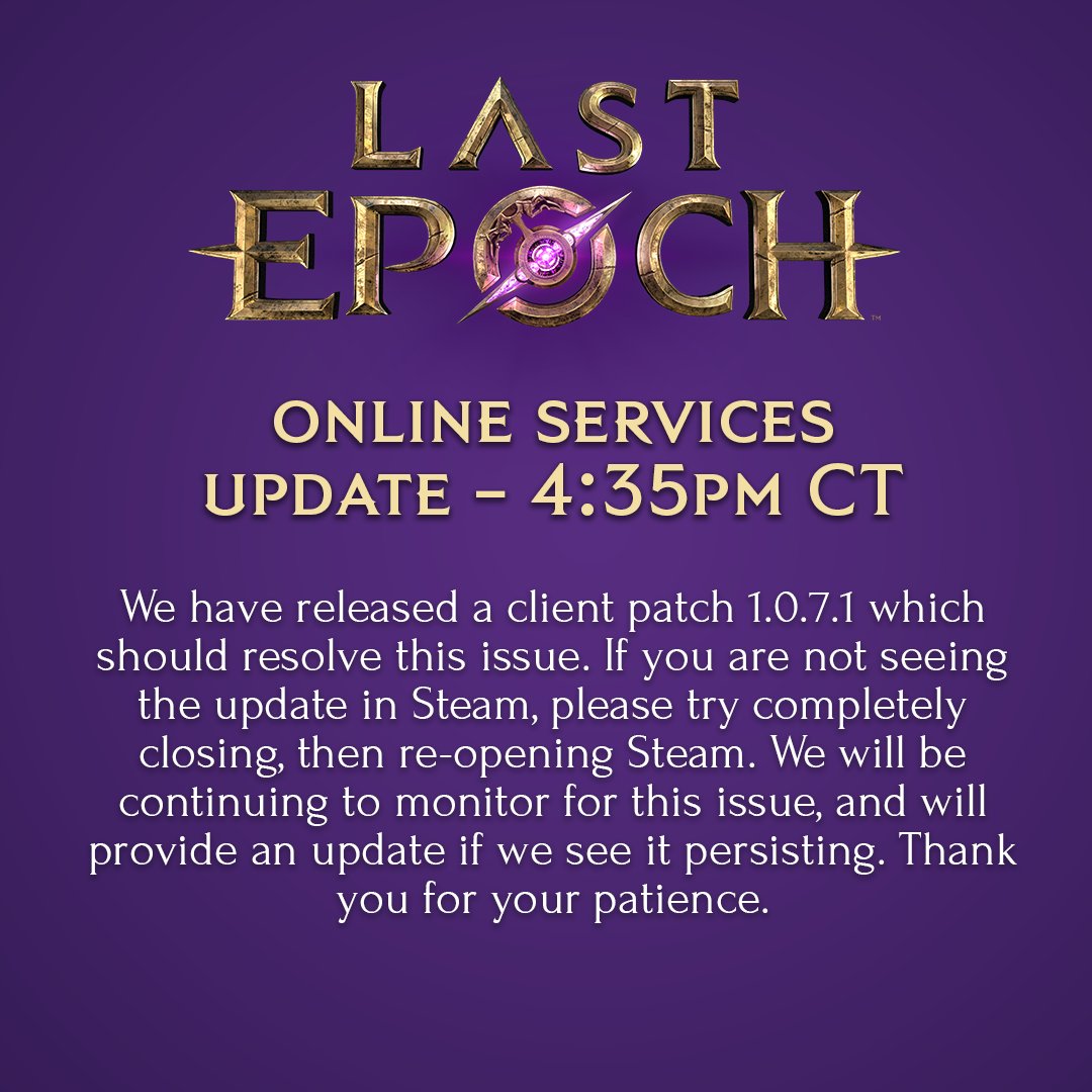 ⚠️ Update: 4:35 PM CT ⚠️ We have released a client patch 1.0.7.1 which should resolve this issue. If you are not seeing the update in Steam, please try completely closing, then re-opening Steam. We will be continuing to monitor for this issue. Thank you for your patience.