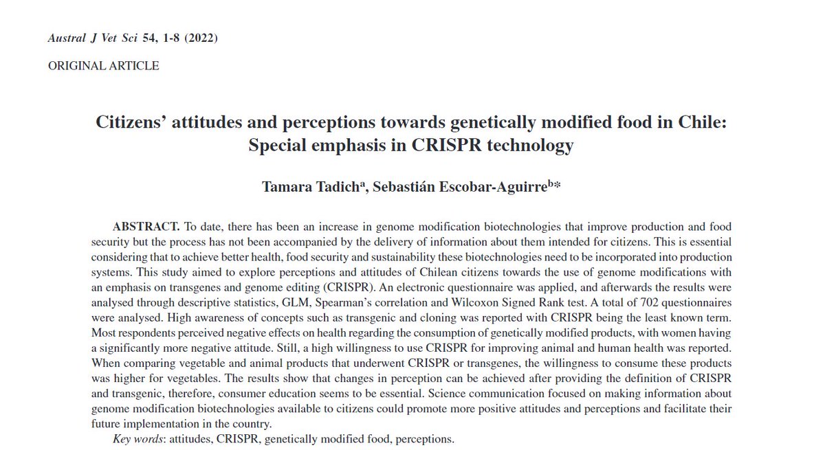 AJVS_Chile's tweet photo. In our 54th edition, Tamara Tadich and Sebastián Escobar Aguirre. published the article "Citizens’ attitudes and perceptions towards genetically modified food in Chile: Special emphasis in CRISPR technology".
Read the article here: https://t.co/titrNoWrWO https://t.co/02BDNanqfD