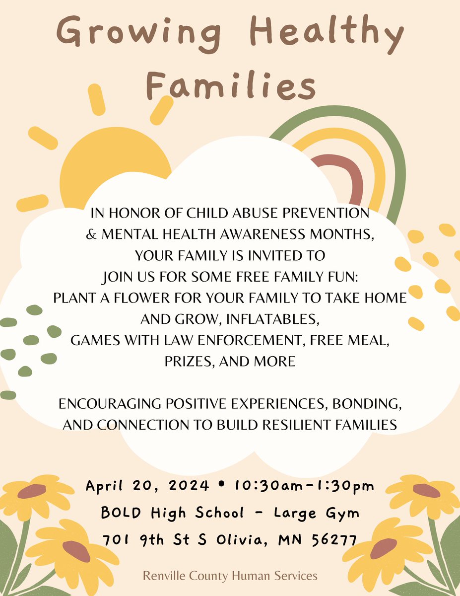 You are invited to join Renville County Human Services on April 20 from 10:30am – 1:30pm at the BOLD High School Large Gym to enjoy some FREE family fun in honor of Child Abuse and Mental Health Awareness Months.  Learn more ⬇️ #preventchildabuse