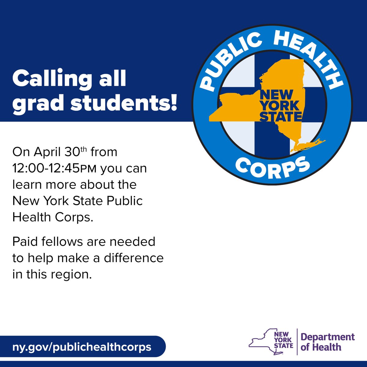 Grad students, don’t miss the upcoming presentation from the New York State Public Health Corps on how to become a paid fellow in our community. @HealthNYGov ➡️ Register: zoom.us/meeting/regist… ➡️ Learn more: ny.gov/publichealthco…