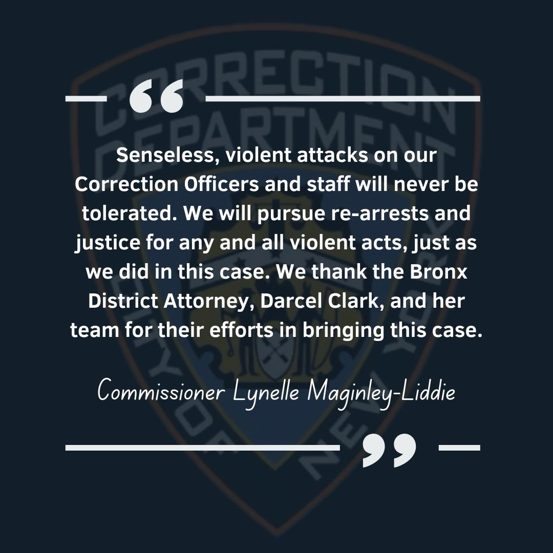 Read my statement below in regards to @BronxDAClark’s announcement today that a person in custody on #RikersIsland has been charged for allegedly punching a #CorrectionOfficer’s head into a wall and knocking her briefly unconscious on April 7.