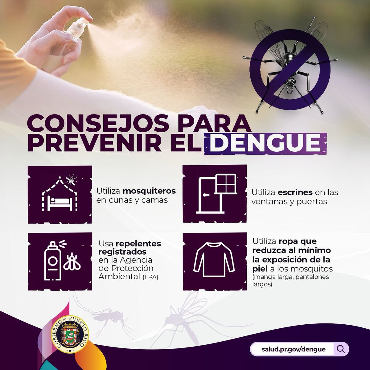 Evitemos la propagación del virus del dengue. Estos consejos ayudarán a mantener tu hogar libre de criaderos de mosquitos. Cuidemos nuestra salud y la de nuestros seres queridos. Conoce más en salud.pr.gov/dengue.