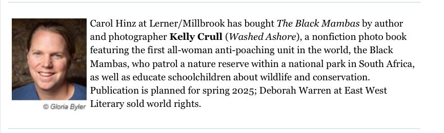 Congratulations @kellycrull THE BLACK MAMBAS @LernerBooks / Millbrook / @CarolCHinz —Spring 2025, as seen in @PWKidsBookshelf 📚#wildlife #conservation @blackmambasapu