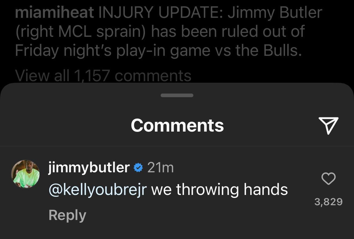 Jimmy Butler’dan, sakatlığını duyuran Miami Heat paylaşımının altına gelen yorum: 🎙️”Kelly Oubre Jr. Seninle kapışacağız.” Jimmy Butler KIZGIN 🔥🔥🔥