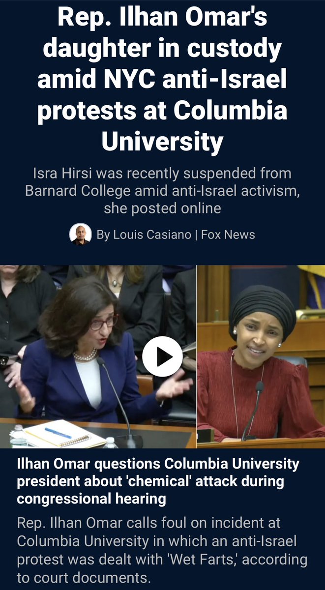 Oh my goodness. 😂 This is poetic justice! Omar’s daughter was arrested because of anti-Israel protest! She needs to go to a country that supports Hamas. I just don’t understand why these people continue to stay in our horrible country! Why not go someplace that supports your…