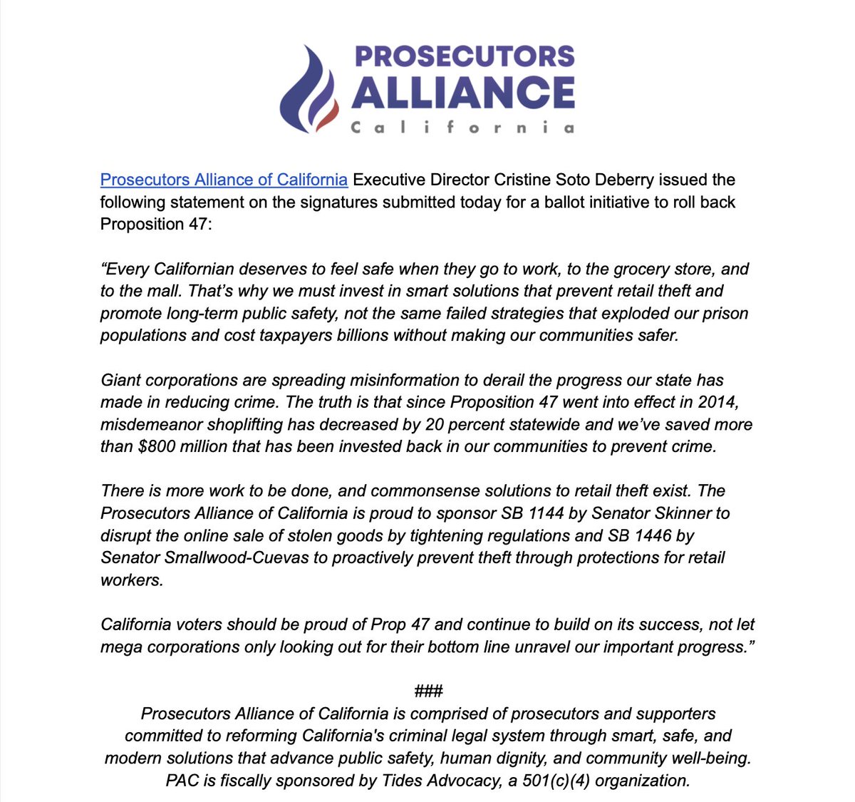 'California voters should be proud of Prop 47 and continue to build on its success, not let mega corporations only looking out for their bottom line unravel our important progress.' 

Read our full statement from @CristineDeBerry on the efforts to roll back #Prop47.