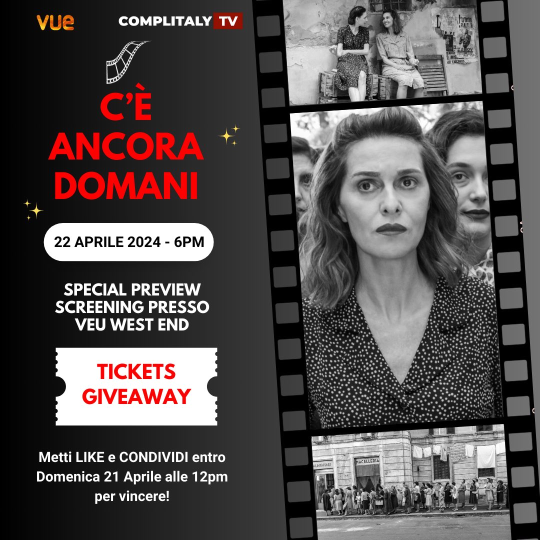 ⭐ TICKETS GIVEAWAY - C'È ANCORA DOMANI ⭐

👉 METTI LIKE E CONDIVIDI QUESTO POST  e potresti essere sorteggiato per vincere dei TICKET OMAGGIO per l'ESCLUSIVA PREVIEW INGLESE presso il Cinema VEU West End LUNEDÌ 22 APRILE ALLE ORE 6PM