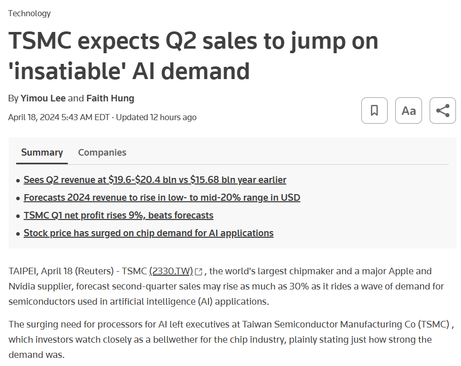 Demand for AI chips is skyrocketing, which has led $TSMC to surpass its expected earnings for the first quarter. If you're not optimistic about this trend, I'm at a loss for words. #AI-focused projects, particularly those related to #GPUs, are poised for significant gains 💰