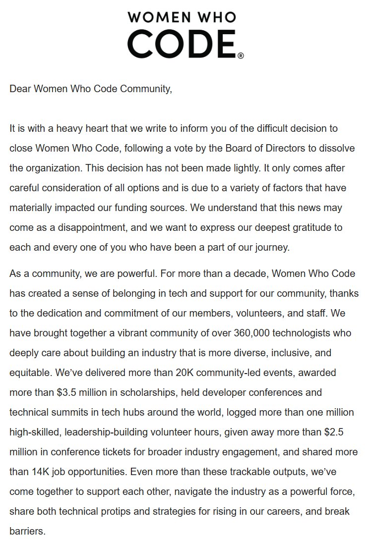I'm so, so sad to see @WomenWhoCode shutting down. It was a wonderful resource that impacted thousands of people and their careers, including my own. 💔