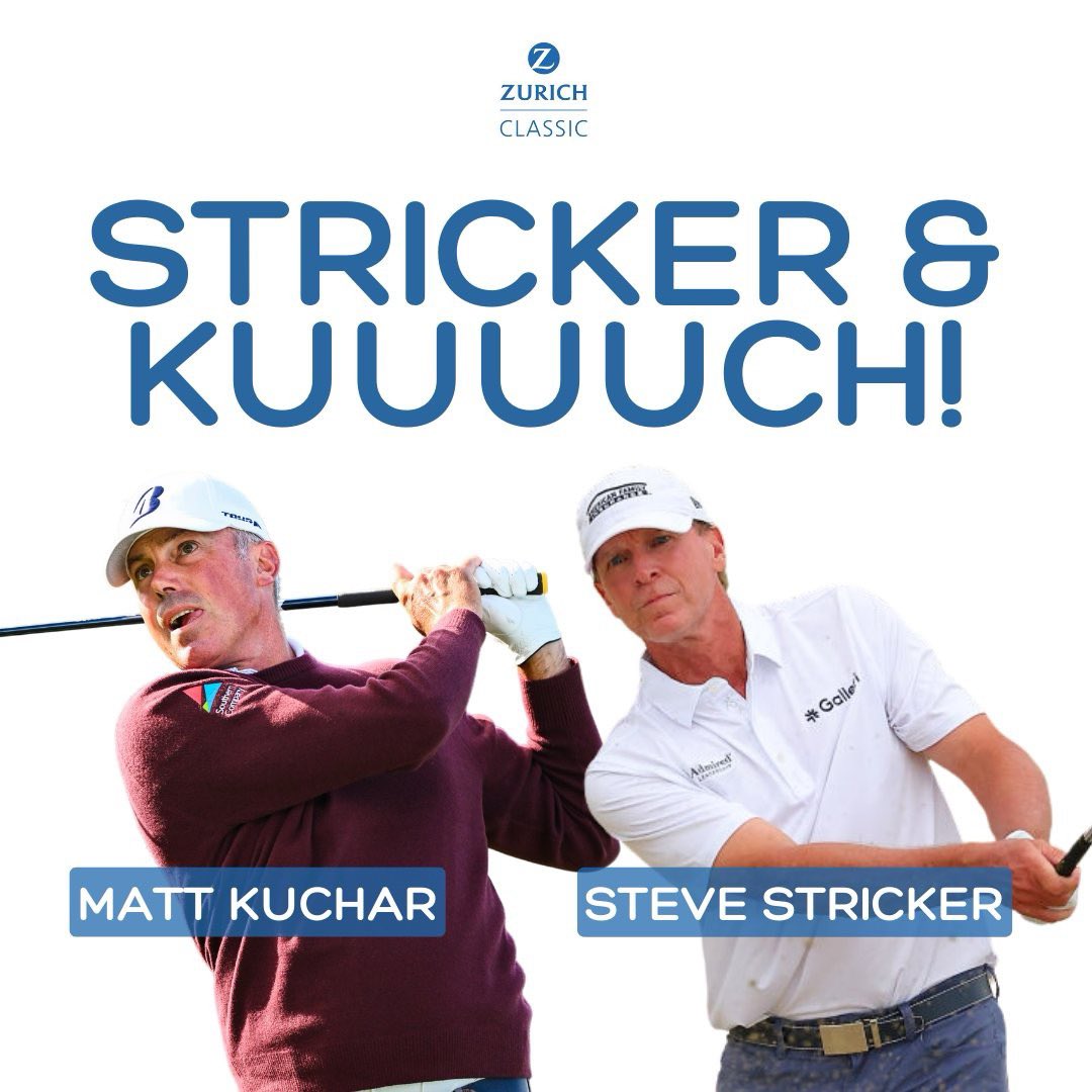 Two more BIG names are in for the Zurich Classic! ⛳⚜️ One week from today, @stevestricker and Matt Kuchar will team up in New Orleans. With 20+ @PGATOUR wins between them throughout their career, Steve and KUUUCH are looking to win. Watch, eat, drink, and enjoy the Zurich