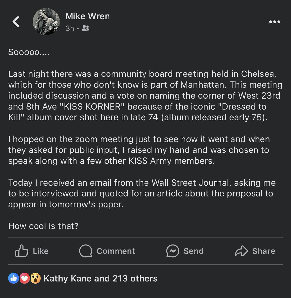 Posted this on my Facebook page but makes sense to share here...

But check this out about #KISSKORNER and The Wall Street Journal contacting me to discuss 23rd and 8th Ave in NYC. 

#KISS #NYC #HometownBoys