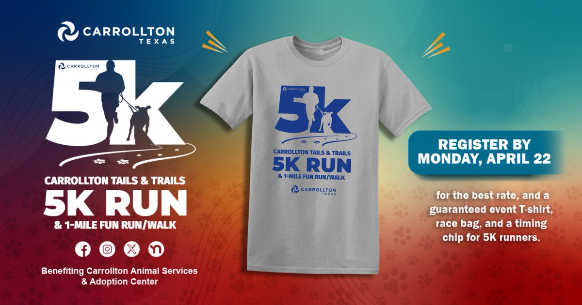 Get ready to strut your pup at the first-ever Carrollton Tails & Trails 5K on Sat., April 27. Take a look at this year's EXCLUSIVE T-shirt, available to those who pre-register by next Mon., April 22. Tag your running buddies and register today at cityofcarrollton.com/tailsandtrails.