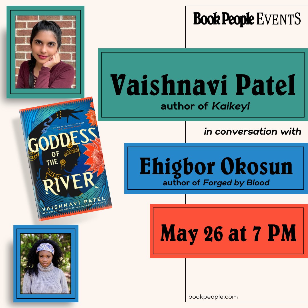 Join Vaishnavi Patel on May 26th discussing GODDESS OF THE RIVER, A powerful reimagining of the story of Ganga, goddess of the river, and her doomed mortal son from the author of KAIKEYI! More info + RSVP: eventbrite.com/e/bookpeople-p… @VaishnaWrites @Ask_Heebs