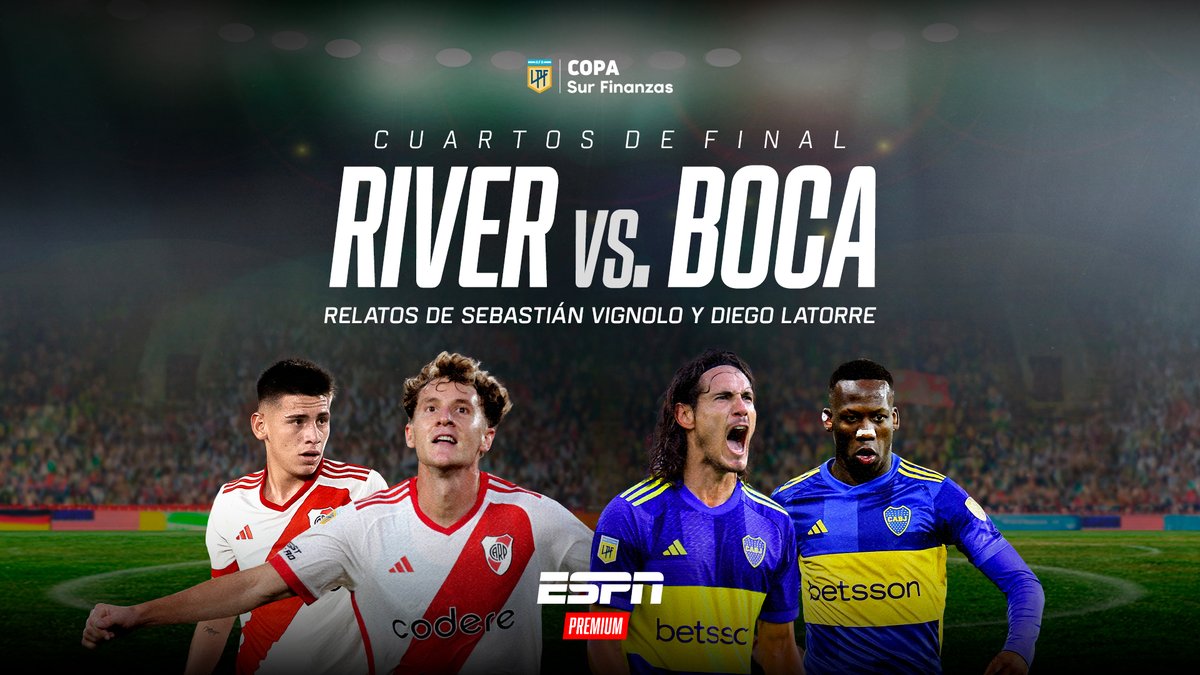 Superclásico en ESPN Premium 🎙️ @PolloVignolo @dflatorre @GustavoYarroch y @MonroigDiego estarán al frente de la transmisión del #River vs #Boca por los Cuartos de Final de la Copa de la Liga en ESPN Premium.