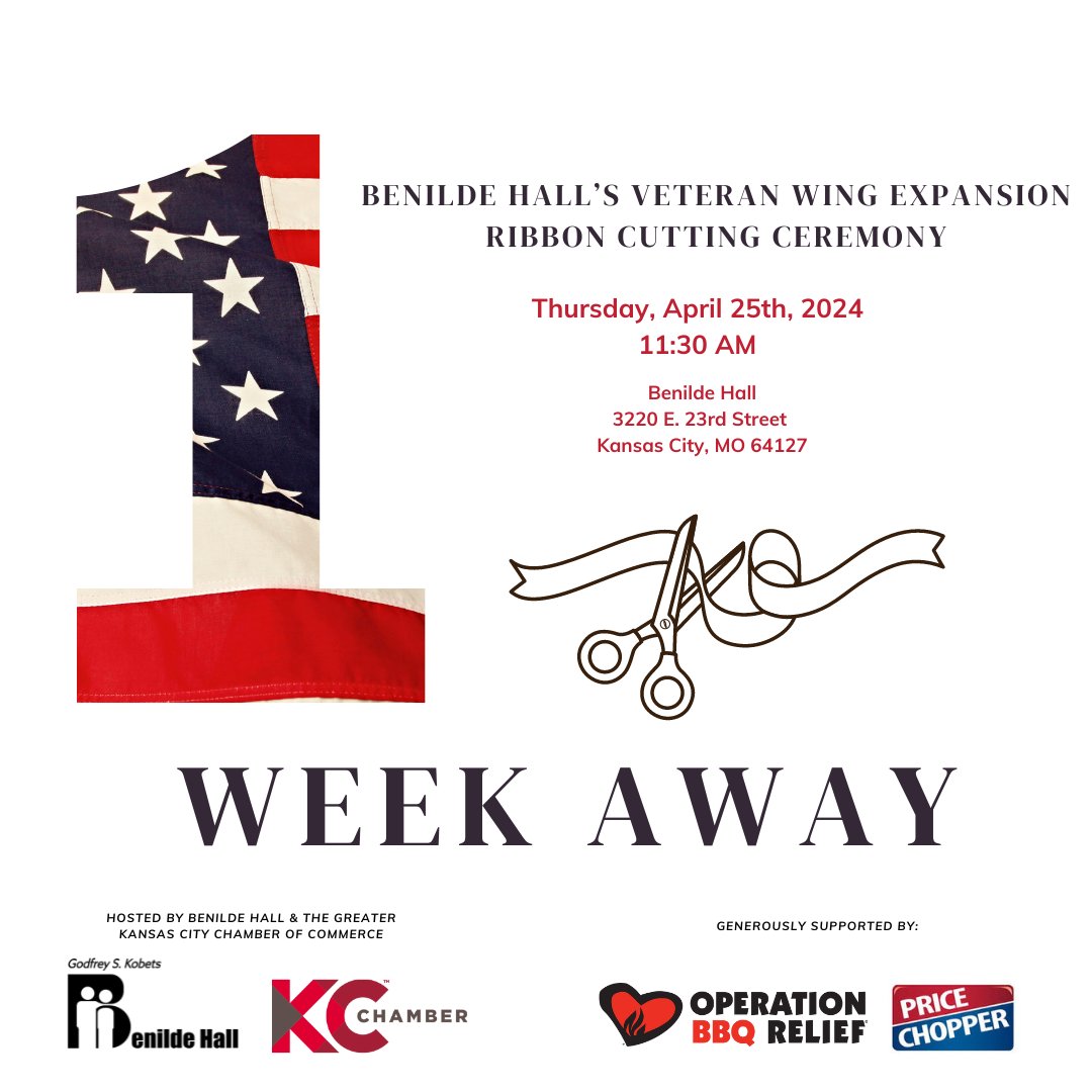 We're 1 week away from Benilde Hall's Veteran Wing Expansion Ribbon Cutting Ceremony! Join us & the @kcchamber as we celebrate the addition of 8 new single rooms, each with their own private bathroom, for Veterans in our GPD program. We can't wait to see you there!