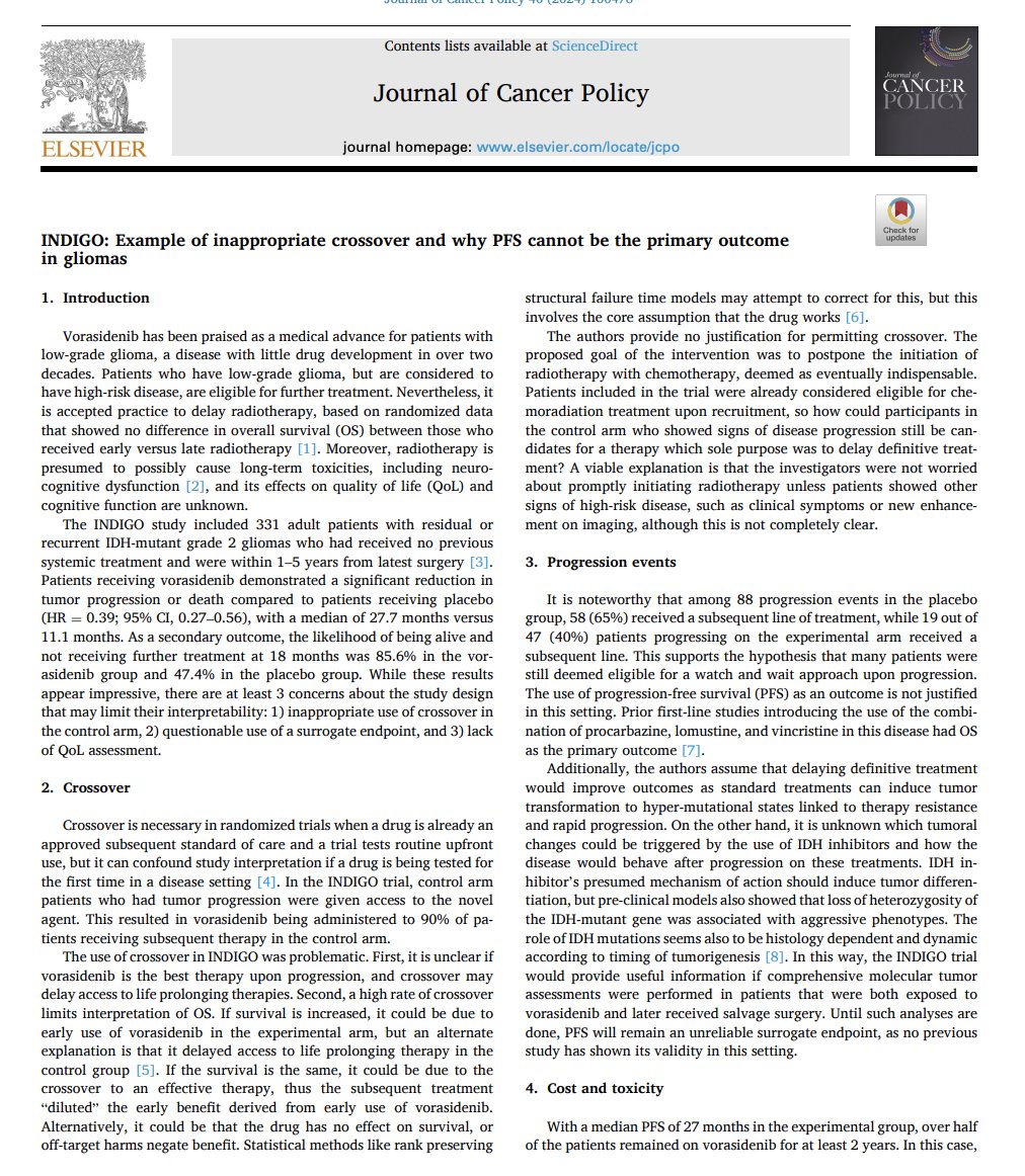 INDIGO - vorisidenib is a problematic study that misuses crossover, as Haslam & I defined in 2016, and is not suitable to change practice @mzugman spent time at @UCSF_Epibiostat & did this nice paper Check it out authors.elsevier.com/a/1ixfW7tJEDVw…