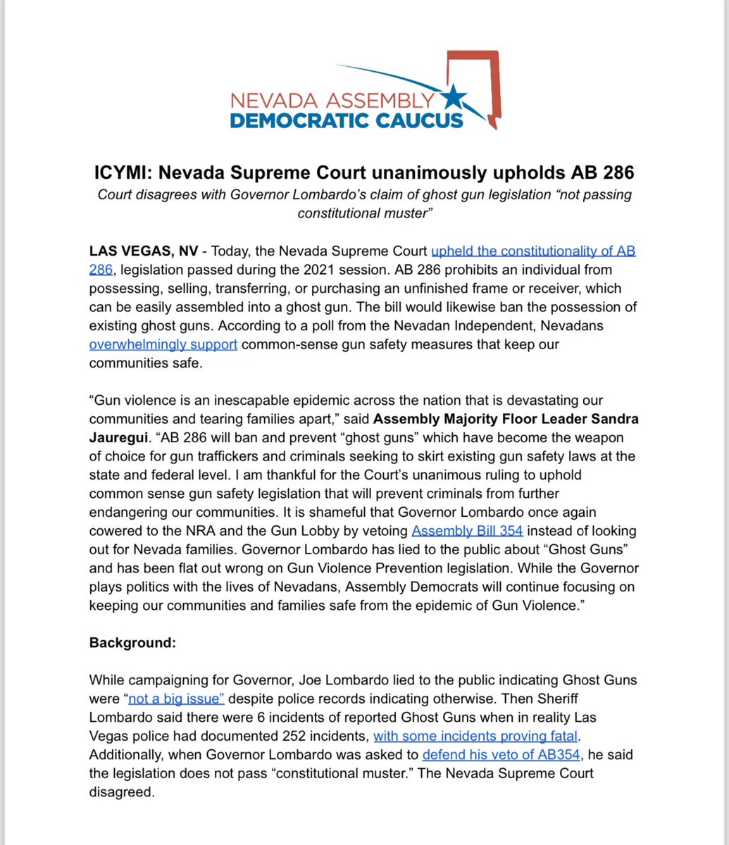 “While the Governor plays politics with the lives of Nevadans, Assembly Democrats will continue focusing on keeping our communities and families safe from the epidemic of Gun Violence.” Read @sandra4nv statement on the Nevada Supreme Court’s decision to uphold AB286!