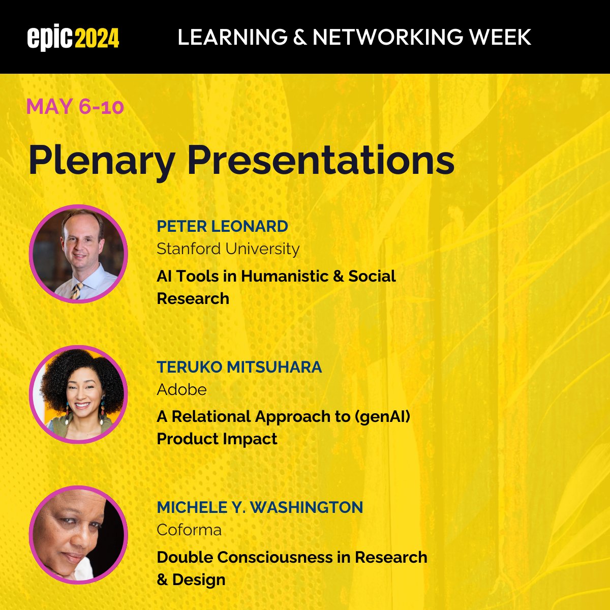 Announcing our Learning & Networking Week Plenary Presentations! Three headline speakers will engage in conversation about key issues.

Learn more about the plenary presentations & register today: 2024.epicpeople.org/learning-and-n…

#EPIC2024 #epiconference #ethnography #ai #researchdesign