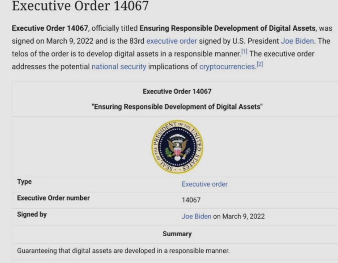 @AaronRDay Well, Aaron, Biden Signed on March 9, 2022, Executive Order 14067 authorizes the US government to explore a CBDC and use a whole-of-government approach to regulating digital assets. This is not a conspiracy anymore