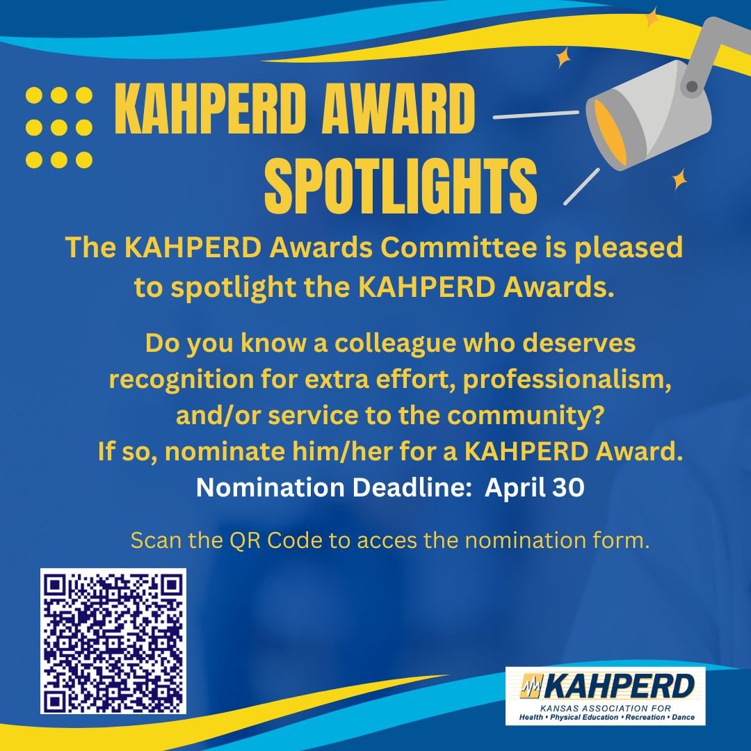 Nominate a teacher that makes a difference! @KAHPERD is accepting nominations 4 Teacher of the Year Just scan the QR code to access the nomination form - the deadline is April 30th! #KansasTeachers #EducateKansas